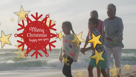 Animation-of-merry-christmas-and-happy-new-year-text-with-stars-over-biracial-family-at-beach