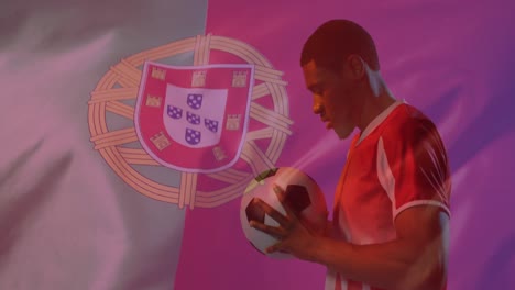 Animation-of-african-american-male-soccer-player-over-flag-of-portugal
