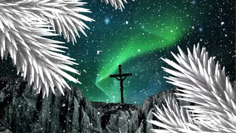 Animation-of-snow-falling-over-christmas-tree-and-cross