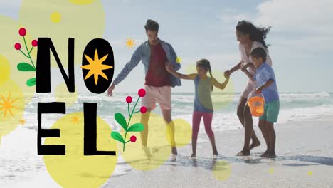 Animation-of-noel-text-with-light-spots-over-biracial-family-at-beach