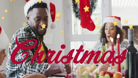 Animation-of-christmas-text-over-african-american-family-having-dinner