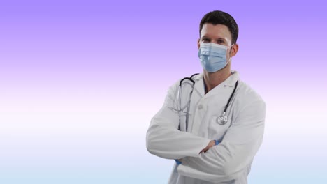 Animation-of-caucasian-male-doctor-in-face-mask-looking-at-camera-over-gradient-violet-background