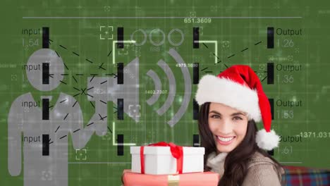 Animation-of-caucasian-woman-wearing-santa-hat-over-data-processing