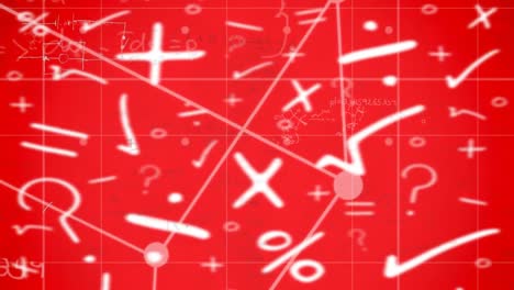 Animation-of-mathematical-equations-over-symbols-on-red-background