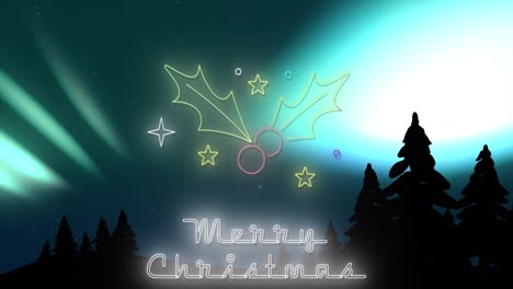 Animation-Des-Textes-„Frohe-Weihnachten“-über-Tannenbäumen