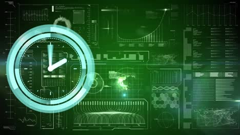 Animation-of-neon-ticking-clock-over-interface-with-data-processing-against-green-background