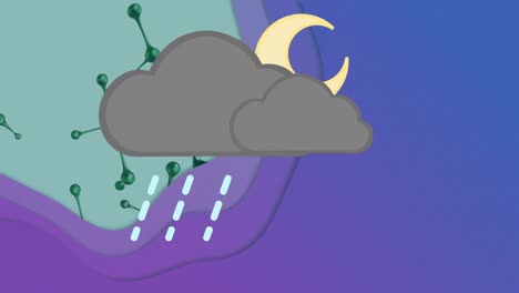 Animation-of-dark-cloud,-moon-and-rain-over-floating-nucleotides-over-liquid-falling-in-beaker