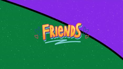 Animation-Von-Schnee,-Der-über-Den-Text-Von-Freunden-Auf-Grünem-Und-Violettem-Hintergrund-Fällt