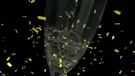 Animation-of-falling-golden-confetti-over-pouring-of-champagne-in-glass-against-black-background