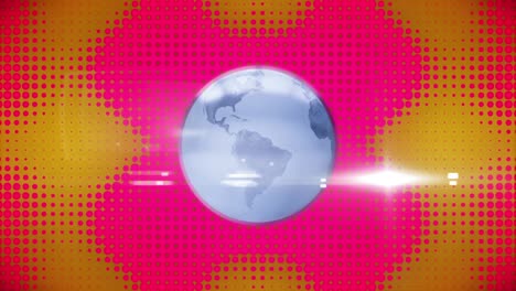 Animation-of-globe-spinning-over-pink-and-yellow-pattern-background