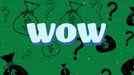Animation-Von-Schnee,-Der-über-Wow-Text-Und-Symbole-Auf-Grünem-Hintergrund-Fällt