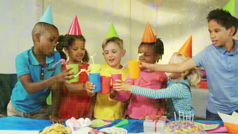 Animation-of-multiracial-friends-wearing-birthday-cap-and-doing-cheers-with-soft-drink-filled-glass
