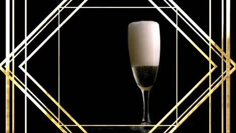 Animation-of-shapes-over-glass-of-champagne-on-black-background