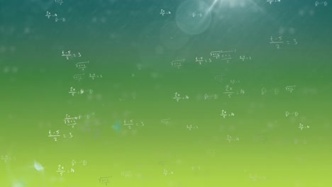 Animation-of-mathematical-equations-over-light-spots-on-green-background
