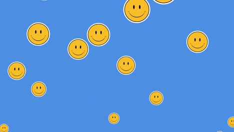 Digital-digital-animation-of-multiple-face-emojis-floating-against-blue-background