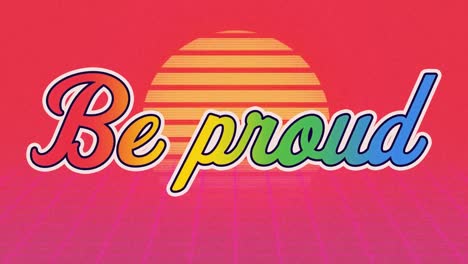 Animation-of-colorful-be-proud-text-over-sun-with-striped-pattern-on-red-background