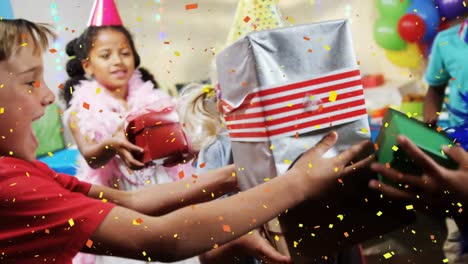 Animation-of-confetti-falling-over-diverse-children-having-a-party