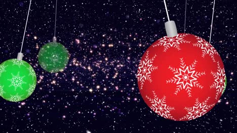 Animation-of-snow-falling-over-christmas-baubles-and-light-spots-on-black-background