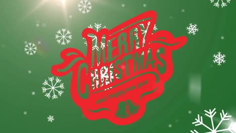 Animation-Von-Frohen-Weihnachten-Und-Einem-Guten-Rutsch-Ins-Neue-Jahr-über-Schneeflocken-Auf-Grünem-Hintergrund