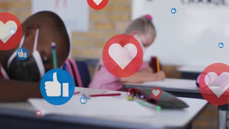 Animation-of-social-media-icons-over-school-children-in-classroom
