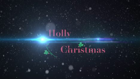 Animation-Von-Fallendem-Schnee-Und-Lichtspuren-über-Stechpalmen-Jolly-Weihnachtstext-Auf-Schwarzem-Hintergrund