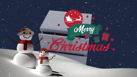 Animation-of-snowfall-and-snowman,-gift-box,-santa-riding-sleigh-in-circle-and-merry-christmas-text