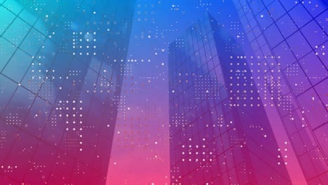 Animation-of-integrated-circuit-over-blue-and-pink-background-with-skyscrapers