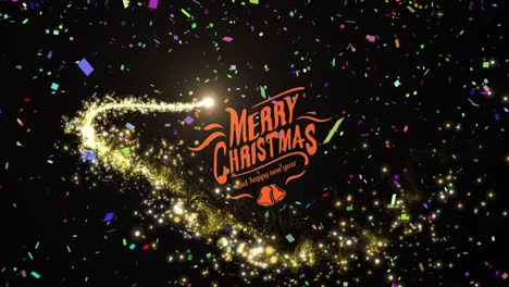 Animation-of-confetti-falling-over-merry-christmas-text-and-light-spots-on-black-background