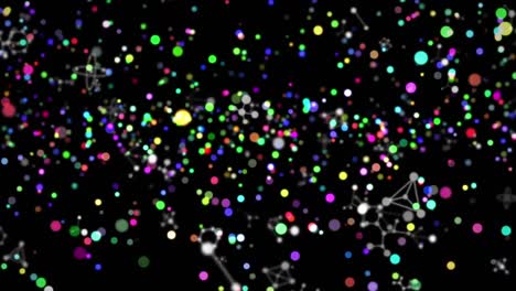Animation-of-multicolored-floating-dots-over-multiple-geometric-shapes-over-black-background