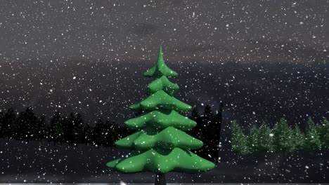 Animation-of-snow-falling-over-green-christmas-tree-and-winter-landscape