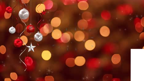 Animation-of-hanging-baubles-and-star-over-multicolored-bokeh-effect-in-background