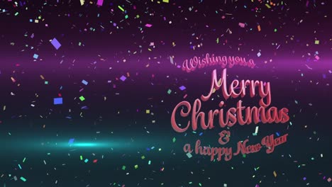 Animation-of-confetti-falling-over-merry-christmas-and-a-happy-new-year-text-on-black-background