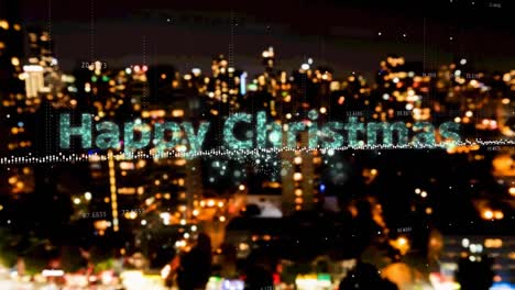 Animation-of-data-processing-and-happy-christmas-text-with-fireworks-over-cityscape