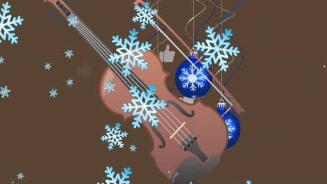 Animation-of-baubles-and-violin-over-snow-falling