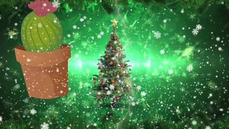 Animation-Einer-Kaktuspflanze,-Eines-Weihnachtsbaums,-Eines-Blitzeinschlags-Mit-Schneefall-Und-Schneeflocken