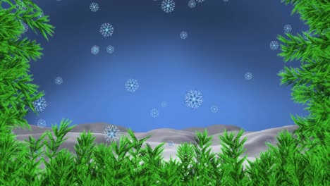 Animation-Eines-Tannenbaums-über-Schneeflocken-Auf-Blauem-Hintergrund