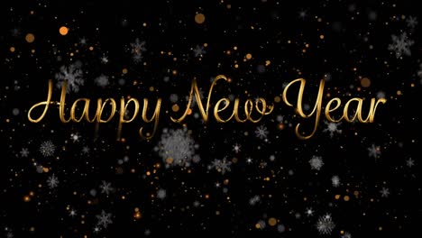 Animation-of-snow-falling-over-happy-new-year-text-and-light-spots-on-black-background