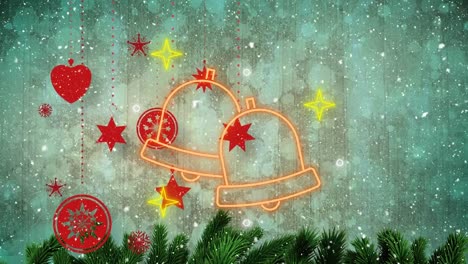 Animation-Von-Schnee,-Der-über-Glocken-Und-Weihnachtsdekorationen-Auf-Grünem-Hintergrund-Fällt