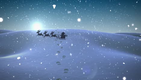 Animation-of-snow-falling-and-santa-claus-in-sleigh-with-reindeer-over-winter-landscape