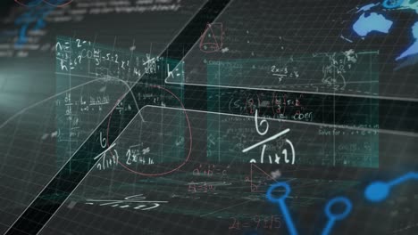 Animation-of-mathematical-equations-over-data-processing-on-black-background