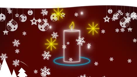 Animation-of-snow-falling-over-christmas-baubles-and-candle-on-red-background