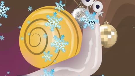Animation-of-snail-and-baubles-over-snow-falling
