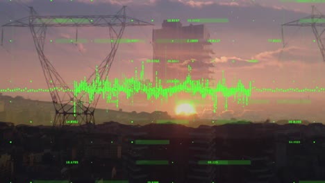 Animation-of-financial-graphs-over-electricity-poles-at-sunset