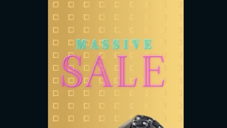 Animation-of-massive-sale-text-over-robotic-hand-and-shapes-on-yellow-background
