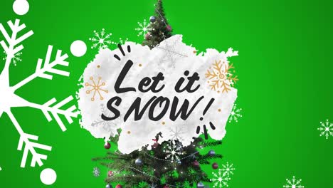 Animation-of-snow-falling-over-let-it-now-text-and-christmas-tree-on-green-background