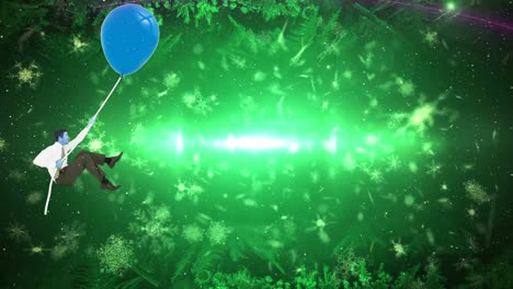 Animation-Eines-Mannes,-Der-An-Einem-Ballon-Hängt,-Und-Schneeflocken-über-Blendenfleck-Vor-Grünem-Hintergrund