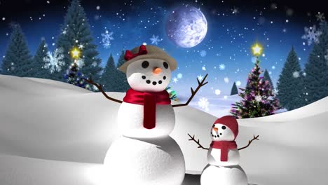 Animation-of-snow-falling-over-snowmen-and-winter-landscape