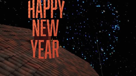 Animation-of-happy-new-year-text-over-fireworks-and-snow-falling