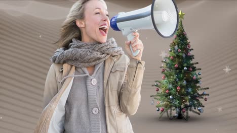 Animation-of-caucasian-woman-with-loudspeaker-and-christmas-tree-over-snow-falling
