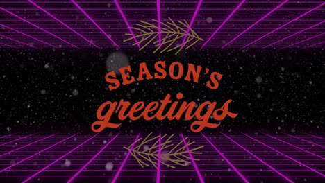 Animation-of-snow-falling-and-lines-over-season's-greetings-text-on-black-background